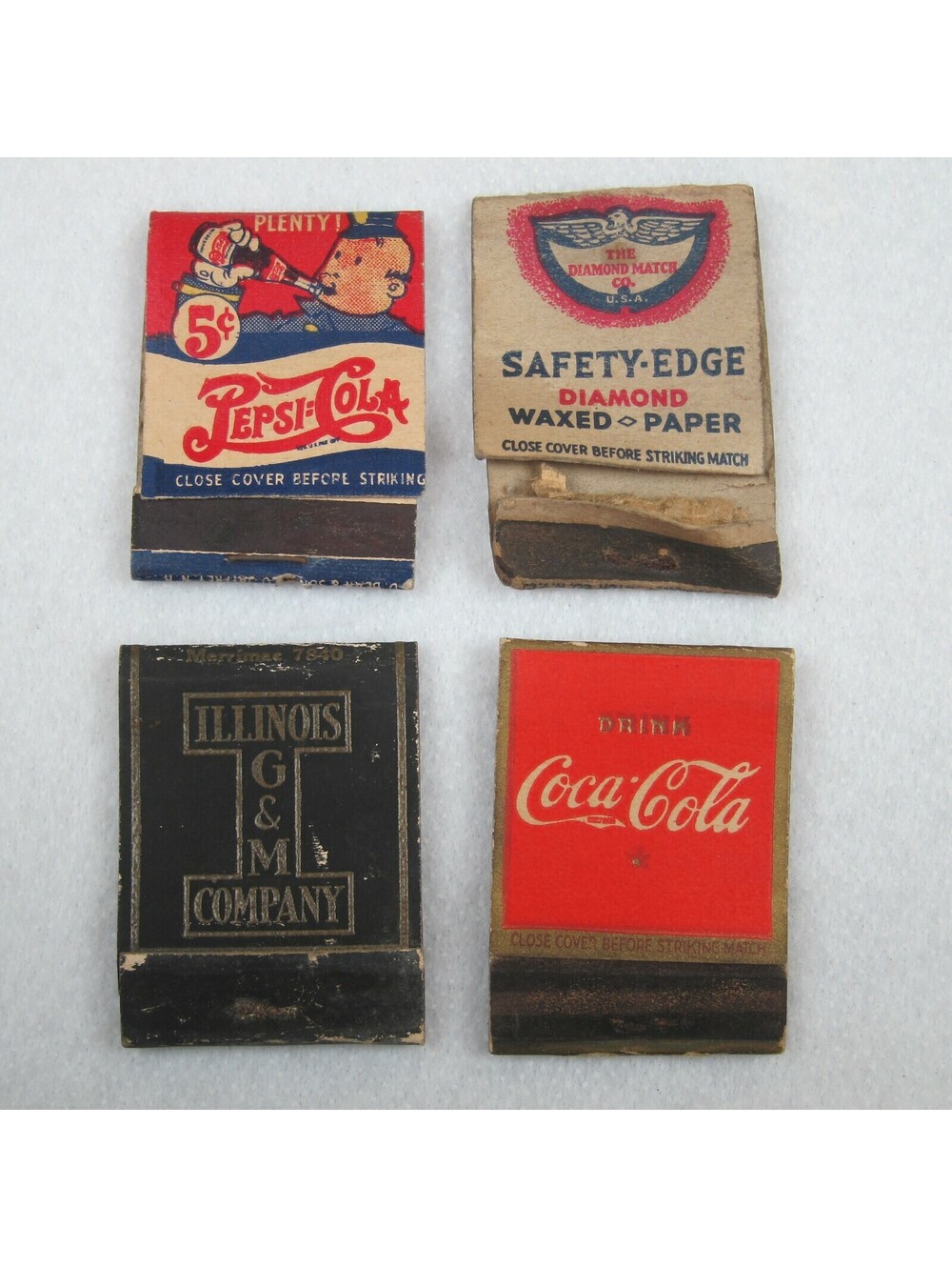 4 Vintage Matchbook Covers Pepsi Cola Double Dot Coca Cola Safety Edge Wax Paper